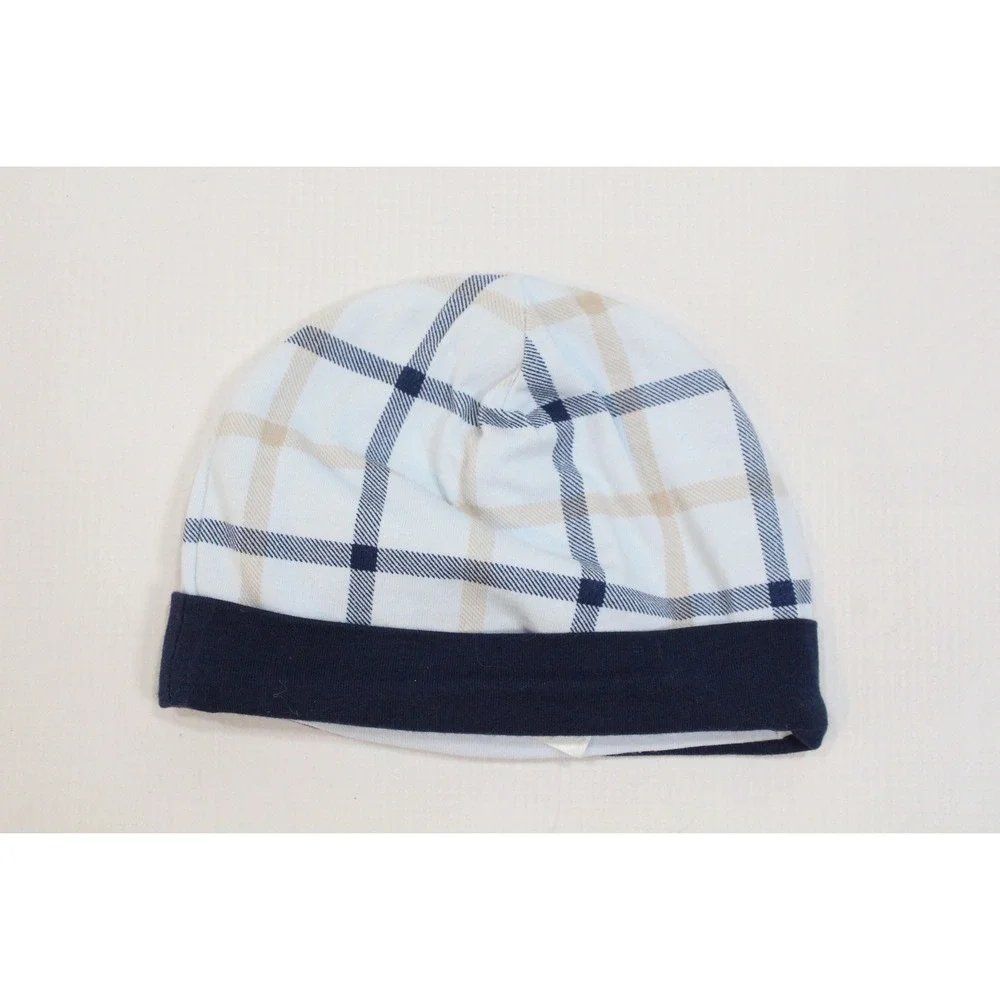 Chicco Baby Beanie Hat Plaid Blue Navy Tan Embroidered Logo 1-3 Months TS102